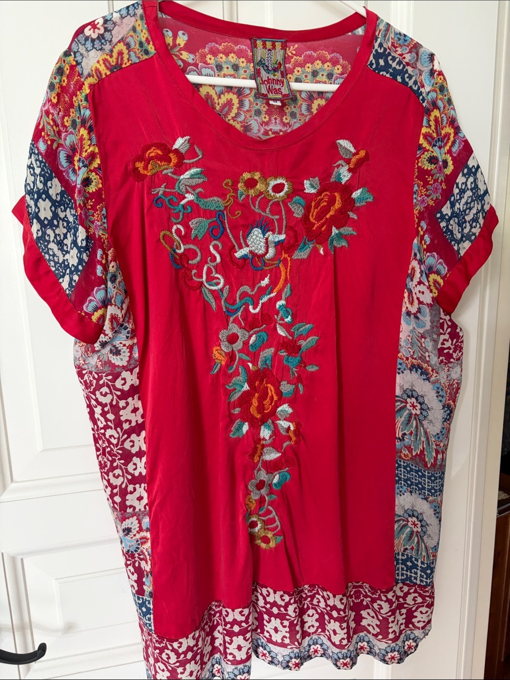 Johnny Was Bright Red Embroidered Floral Patchwork Tunic